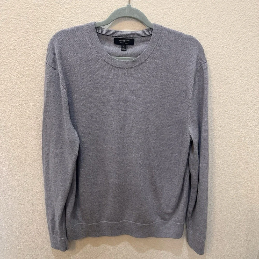 Banana Republic Mens Merino Wool Sweater Sz L Light Gray Crew Neck Pullover